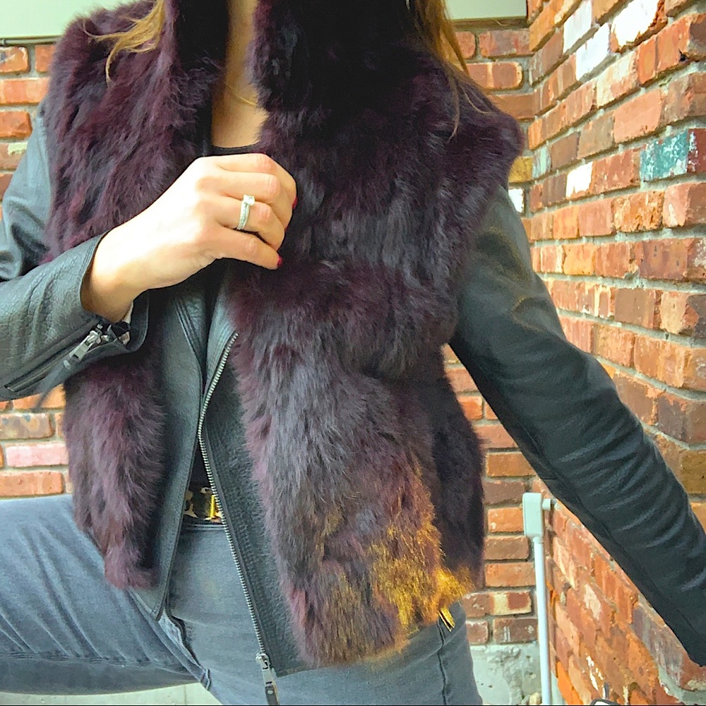 Adrienne Landau slim rabbit fur vest M Merlot